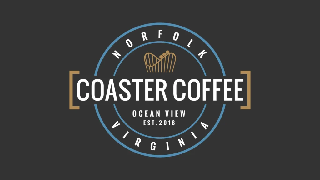 Coaster Coffee logo featuring text "Coaster Coffee," "Norfolk," "Ocean View," and "Est. 2016," emphasizing the nonprofit coffee shop's community focus.