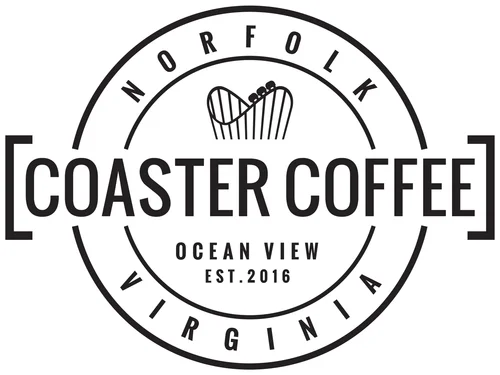 Coaster Coffee logo featuring a roller coaster design, located in Norfolk, Virginia, established in 2016, emphasizing community and connection.