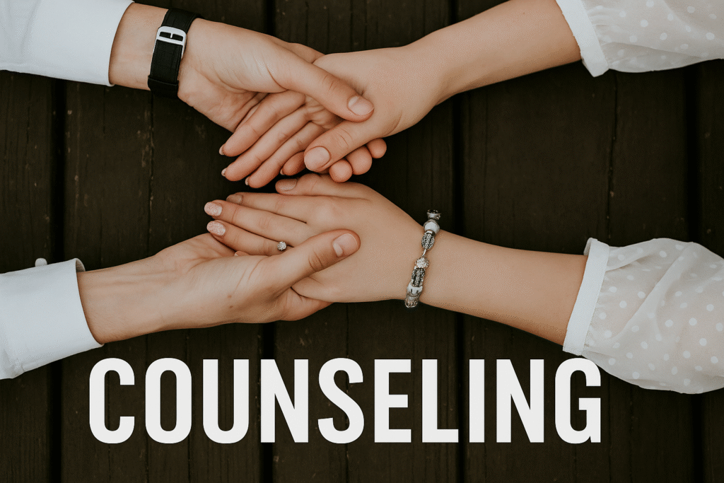 Hands of two individuals engaged in counseling, with the word "COUNSELING" prominently displayed, symbolizing support and connection in community ministry at OV Church.