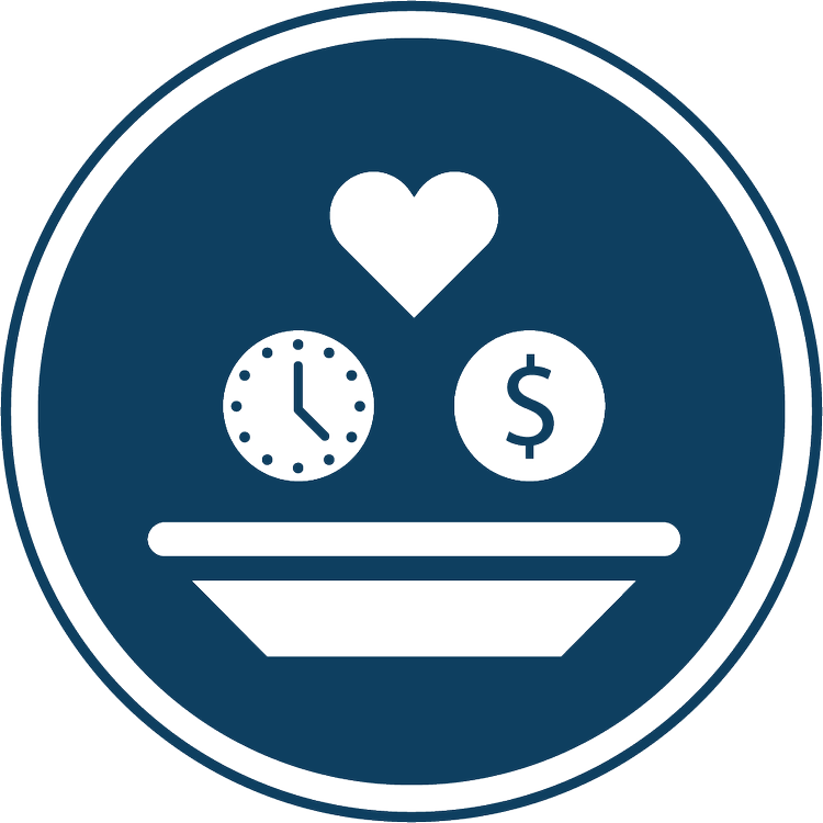 Icon representing giving with heart, time, and money symbols, emphasizing generosity and support for OV Church's mission.