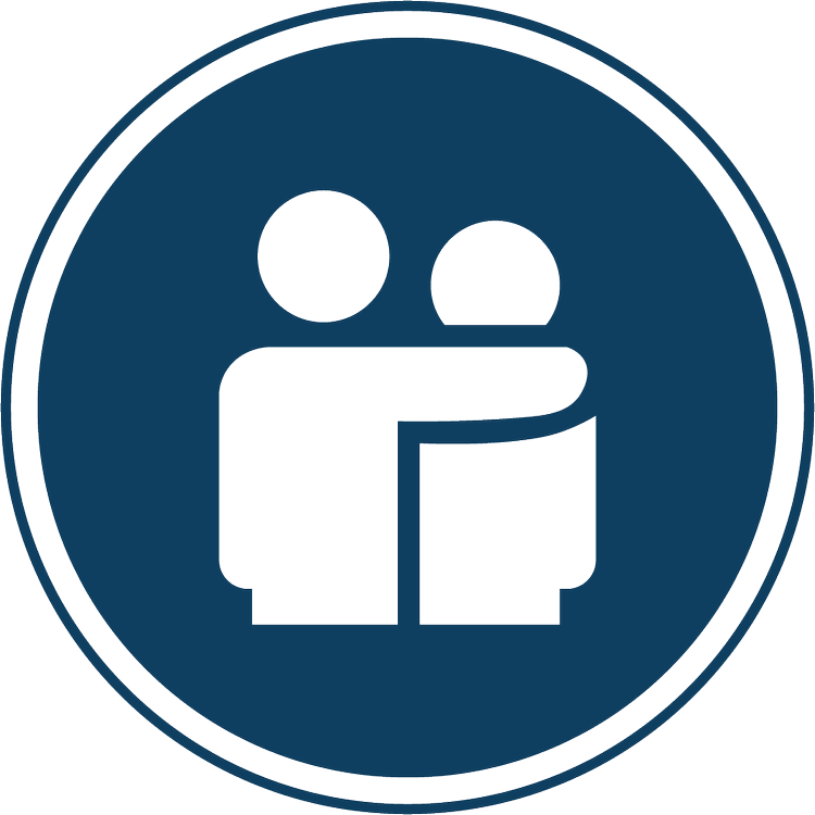 Icon representing community support and service, featuring two figures embracing within a circular blue background, symbolizing connection and volunteer opportunities at OV Church.