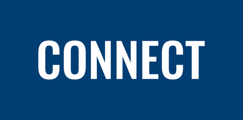 Button with the word "CONNECT" in bold white letters on a blue background, representing [OV]Church's invitation to engage with the community and fill out a Connection Card.