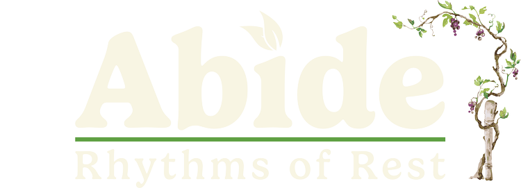 Abide logo featuring stylized text "Abide" and "Rhythms of Rest" with vine and grape illustrations, representing spiritual growth and connection in faith.