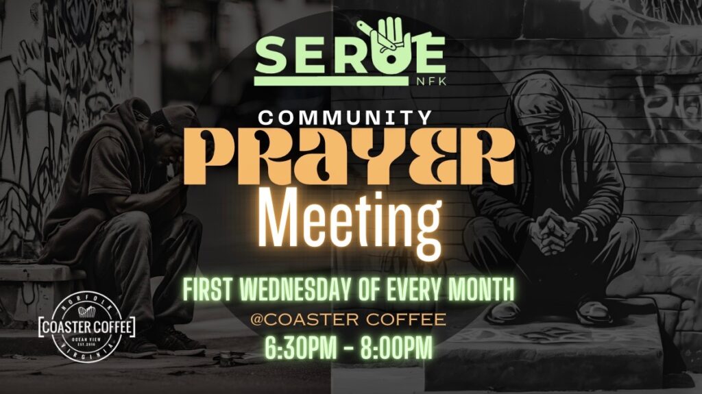 Community prayer meeting announcement featuring a person in prayer, event details including date and time, and Coaster Coffee location.